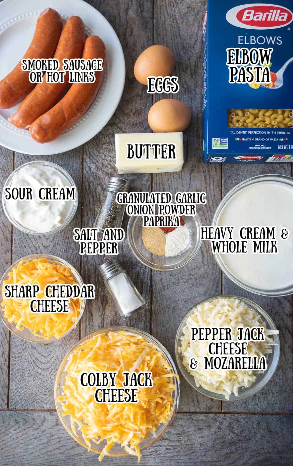 All the ingredients needed for this mac n cheese recipe.