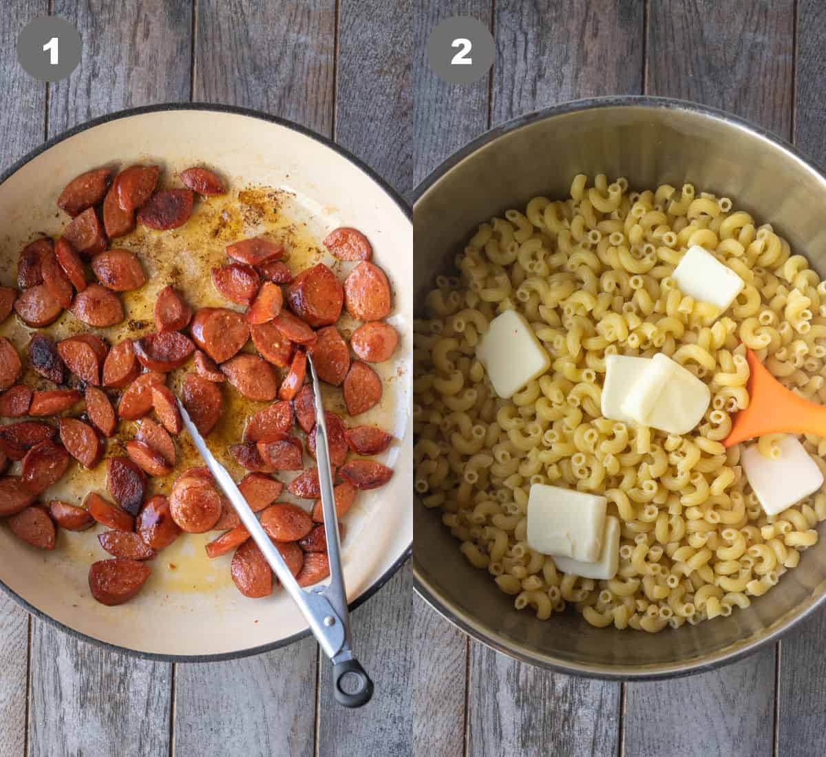 sausage links being sauteed in a skillet, and a pot of cooked pasta with butter.