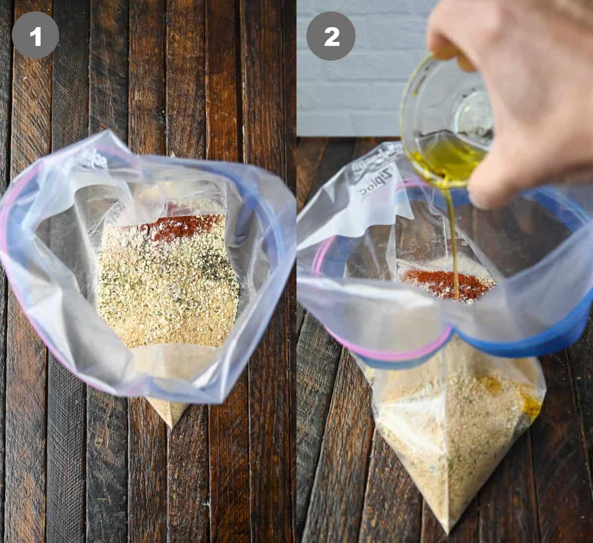 Shake and bake seasonings being put into a large ziplock bag, then oil added.