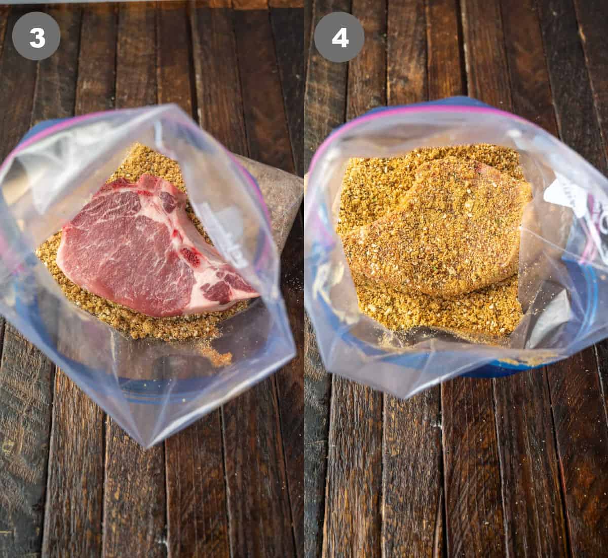 A pork chop placed in the bag with sesonings and shook until covered.