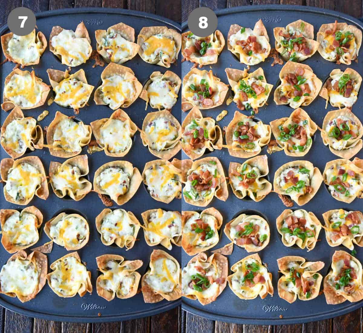 Wonton cups in a muffin tin are golden brown and crispy bacon added to each one.