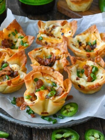 Bacon jalapeno popper wonton cups on a plate