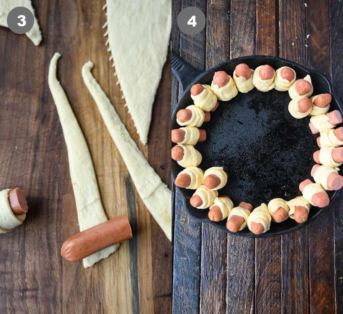 Hot dog being wrapped up in a crescent roll strip and placed into a cast iron skillet.