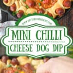 Mini chili cheese dogs in a skillet and one being picked up Pinterest pin.