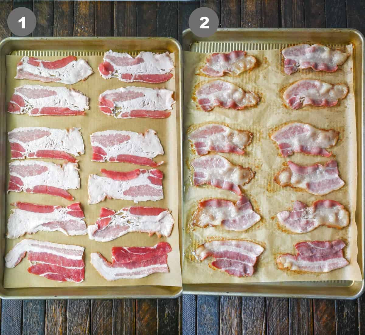 bacon slices placed on a baking sheet and partly cooked.