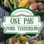 Pork tenderloin sliced in a cast iron skleet with vegetables pinterest pin.