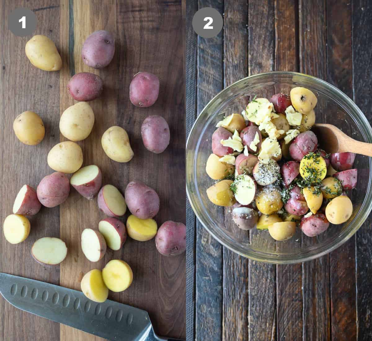 Baby potates on a cutting board being cut in half and placed in a bowl.