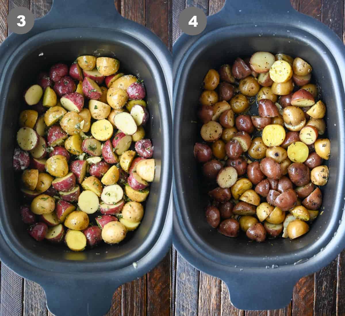 Baby potatoes in a slow cooker with herbs and garlic.