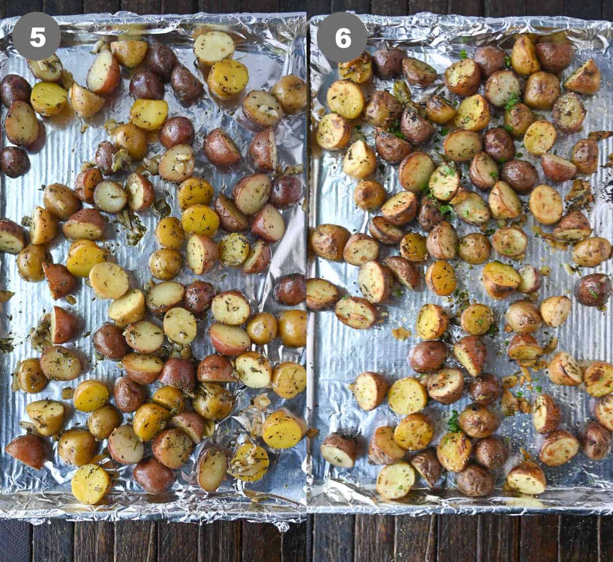 Slow cooker babay potatoes on a foil lined baing sheet and crisped under the broiler.