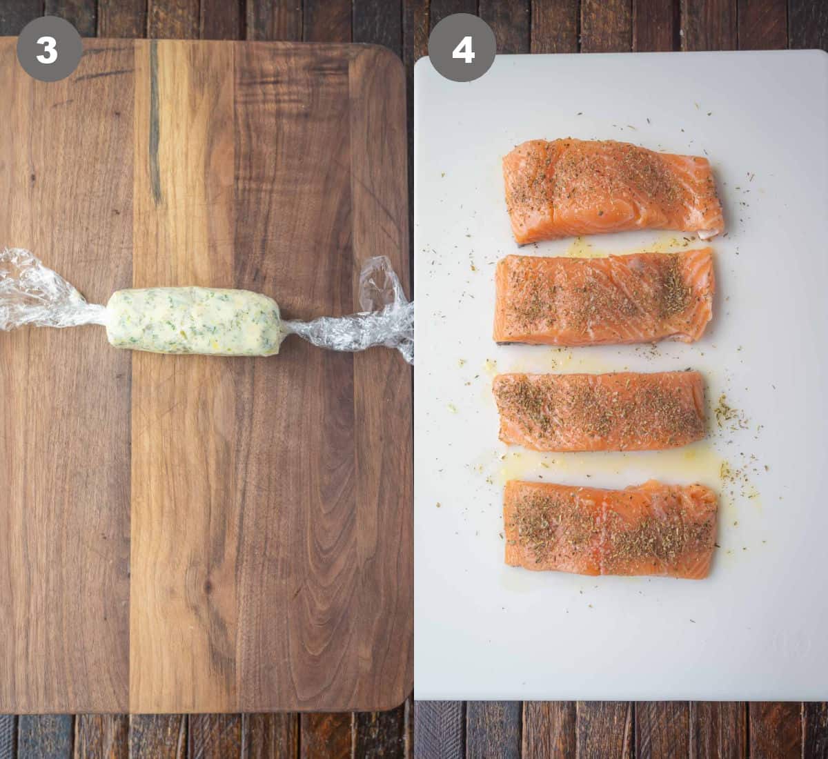 Herb butter rolled up into a log and wrapped in plastic wrap. Salmon filets placed on a cutting board.