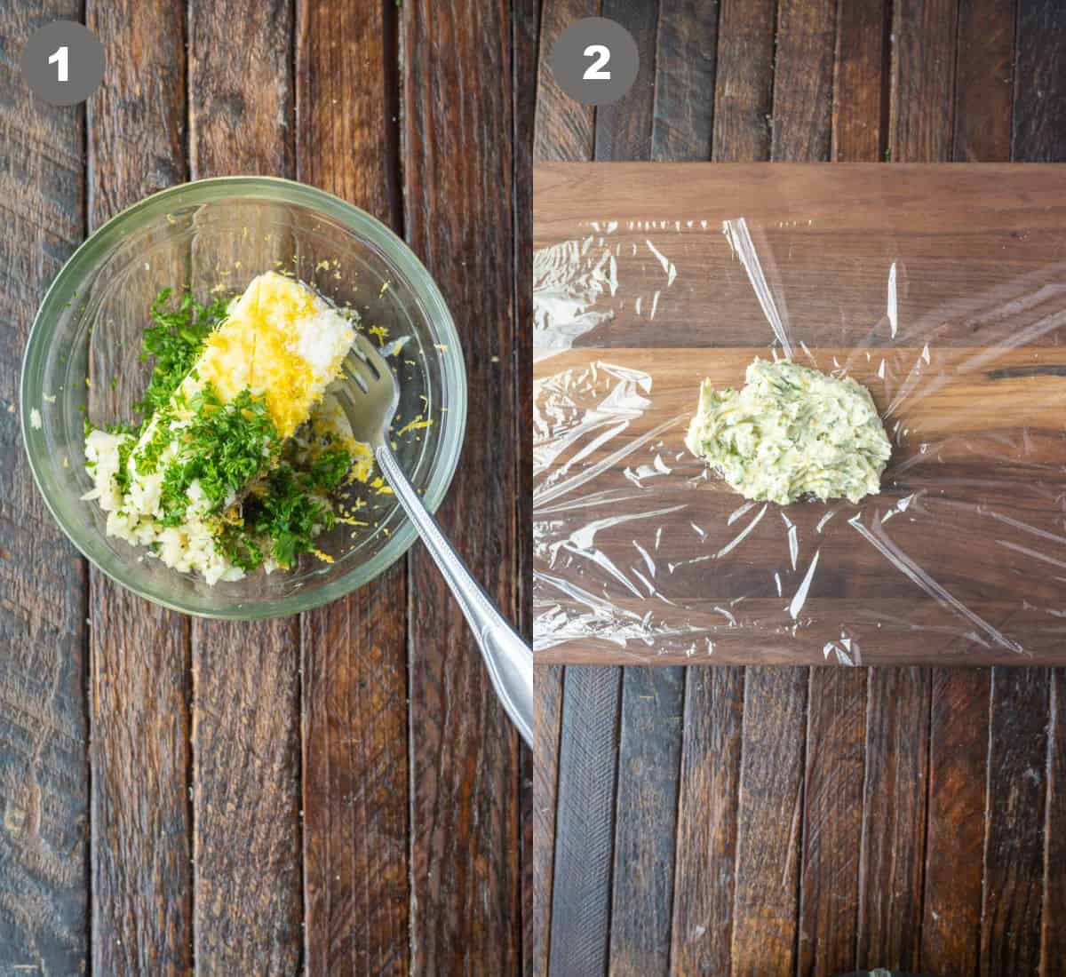 Butter ingredients in a bowl and mixed then placed on a piece of plastic wrap.