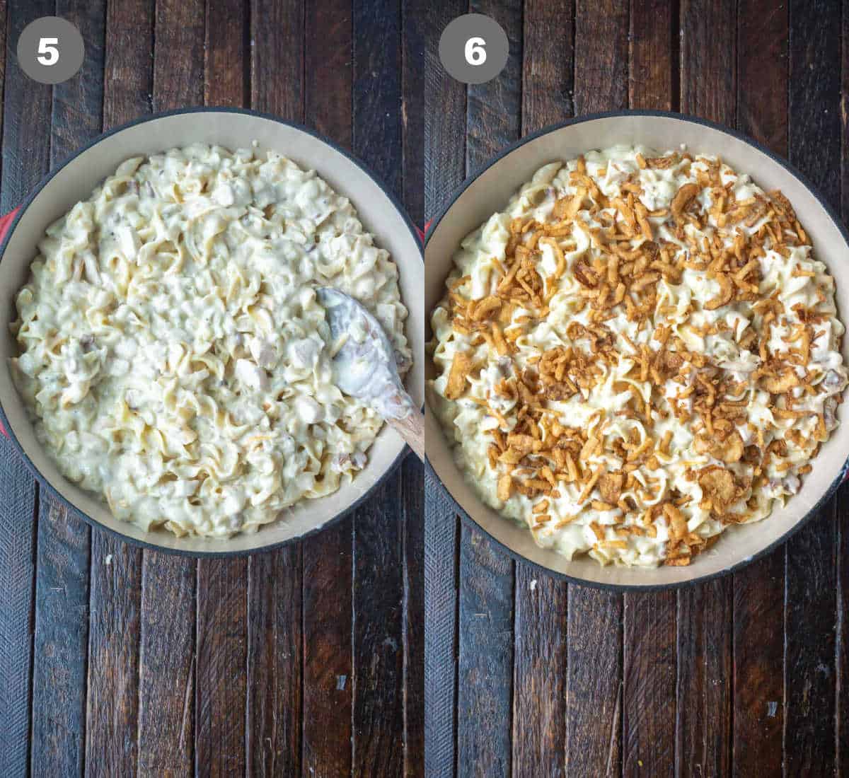 Casserole placed in a baking dish and fried onions placed on top.