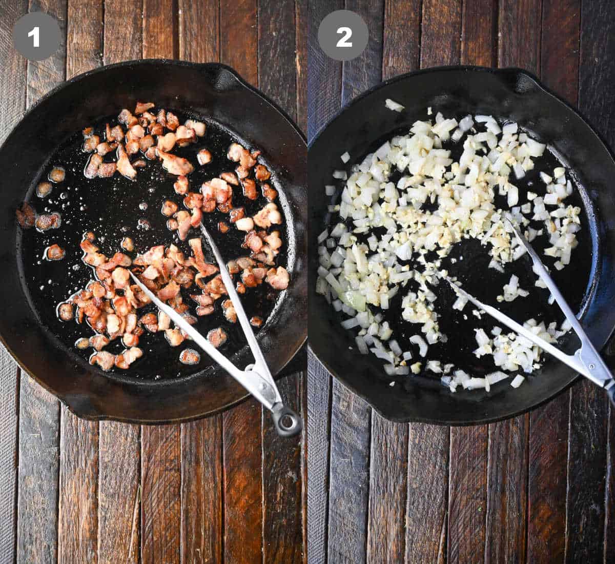 Diced bacon cooked in a skillet and removed then diced onions added in.