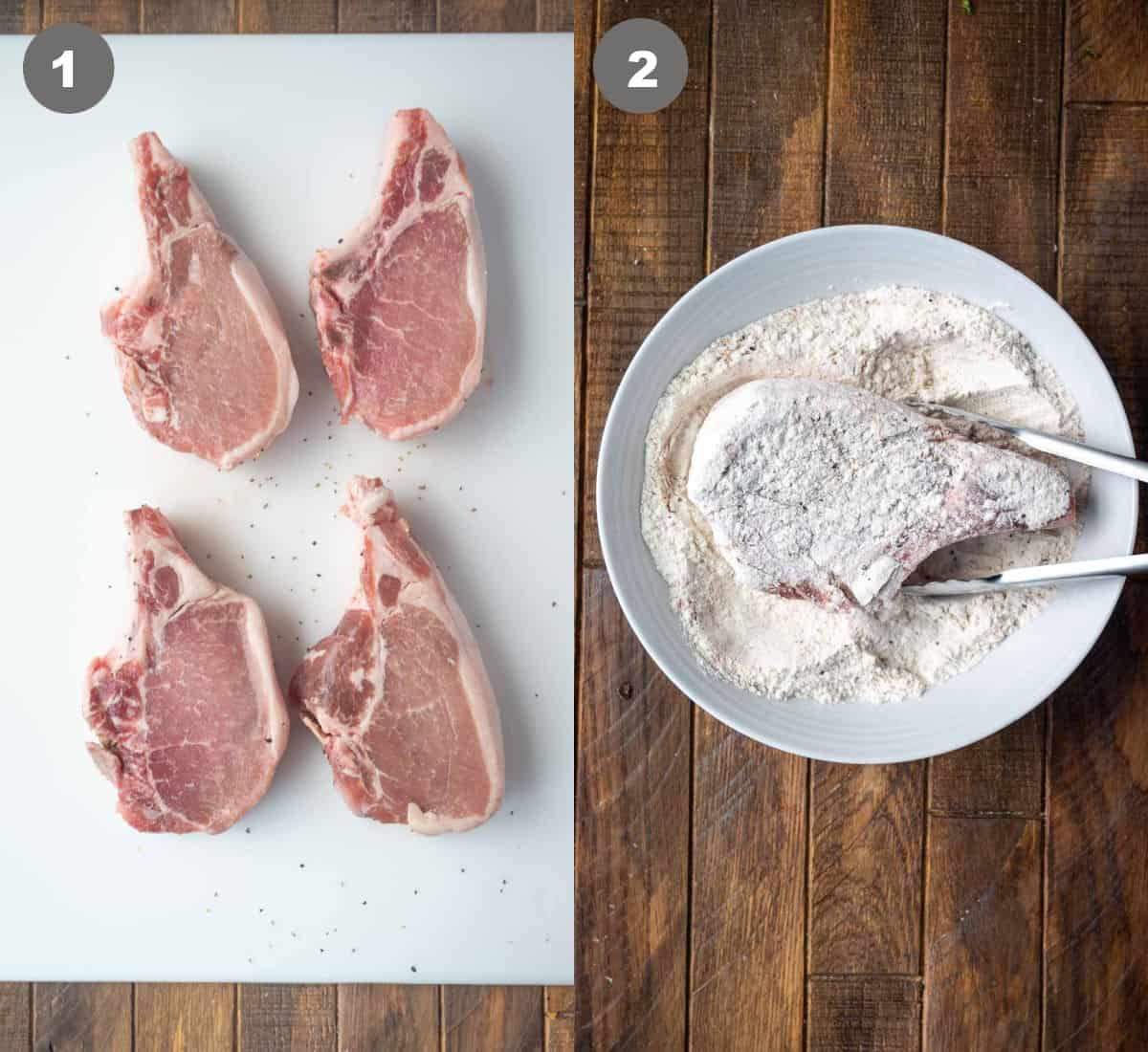 Four thick cut pork chops on a cutting board then dredged in a flour mixture.