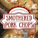Smothered pork chops in a skillet then sliced and a fork picking up a bite.