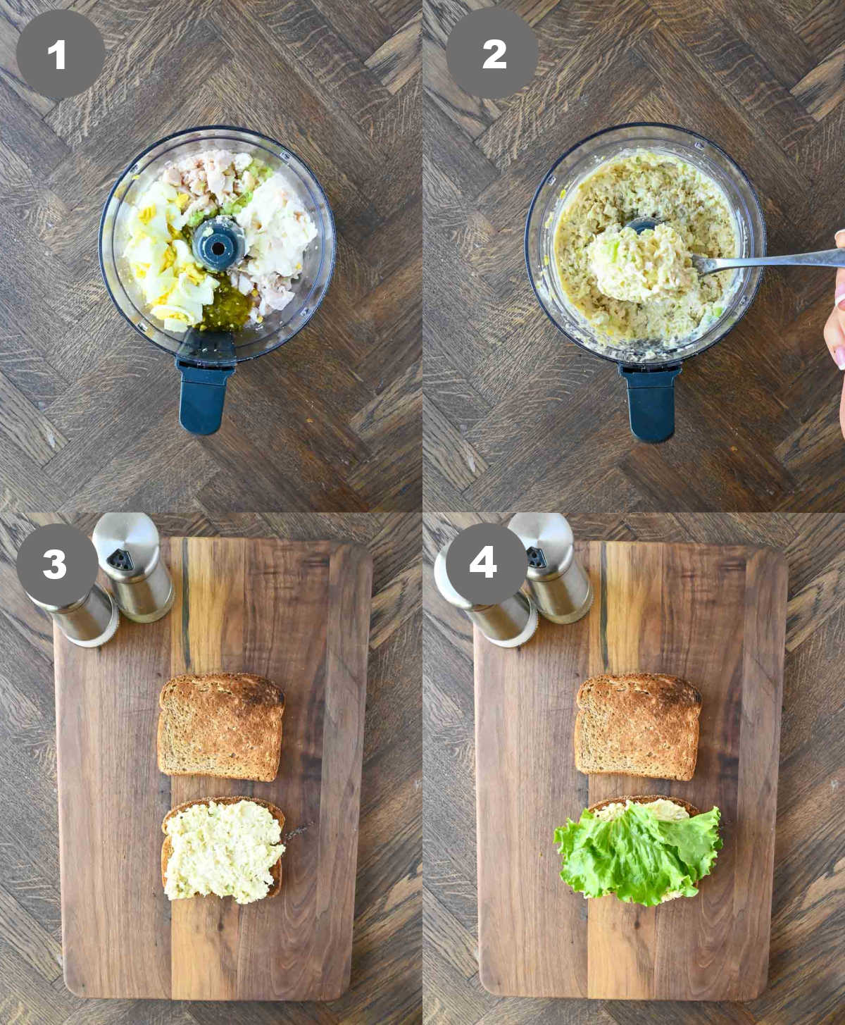 Steps 1 through 4 for making chick fil a chicken salad sandwich.