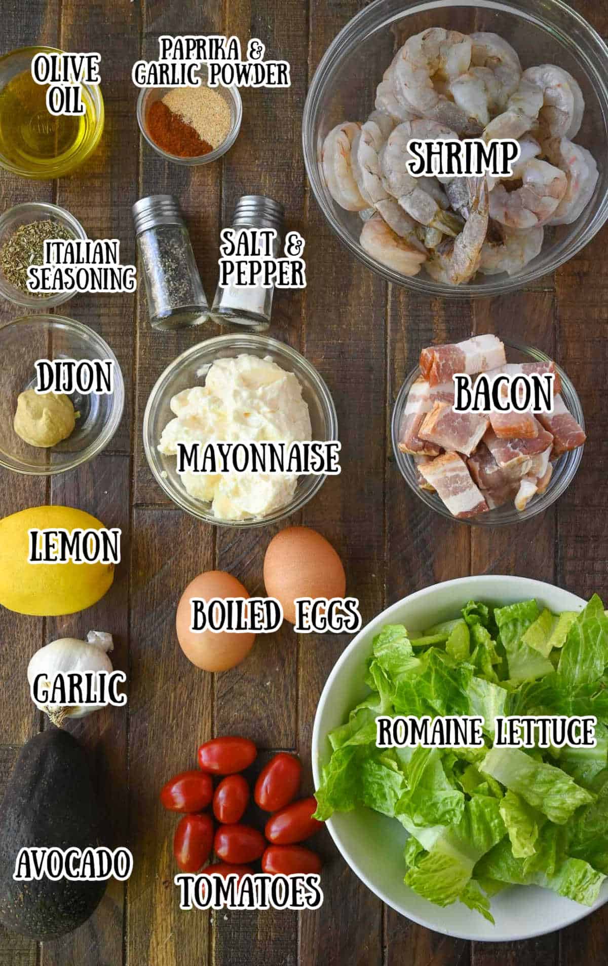 All the ingredinets needed for the shrimp cobb salad.