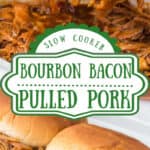 Pulled pork being picked up with tongs and put on buns pinterest pin.