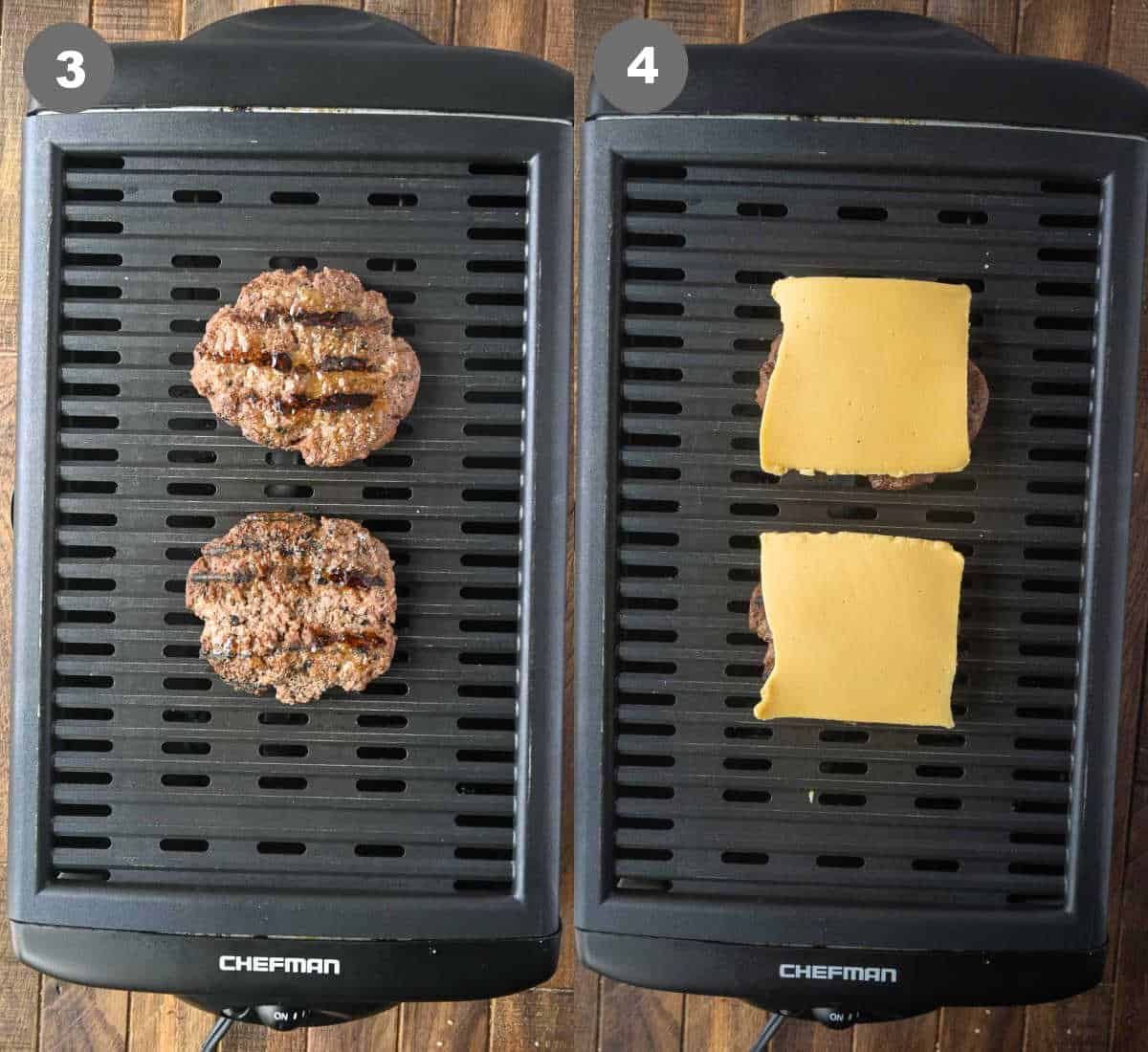 Burger patty cooked on a grill the cheese slices added on top.