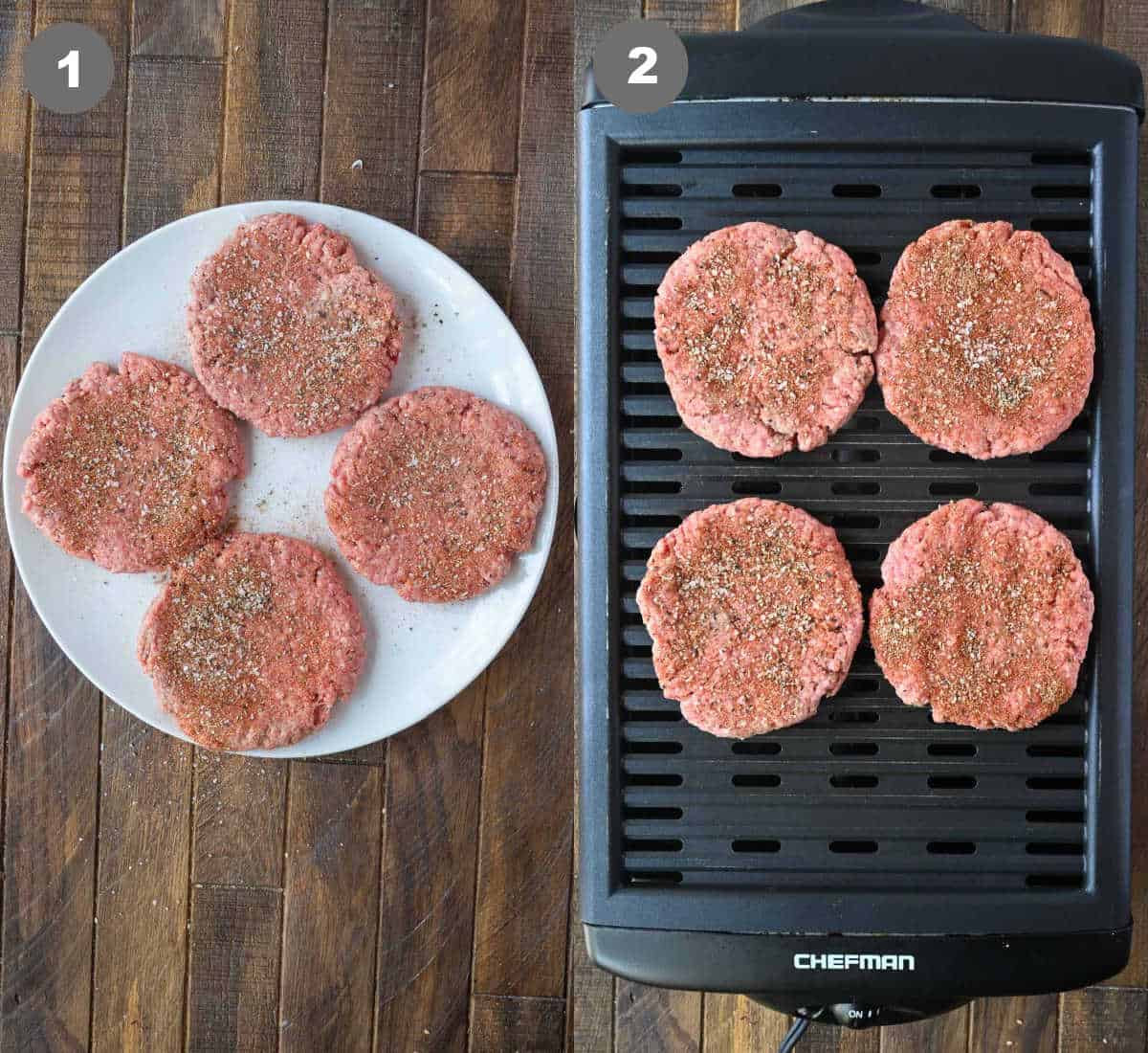 Raw burger patties on a white plate then placed on a grill.