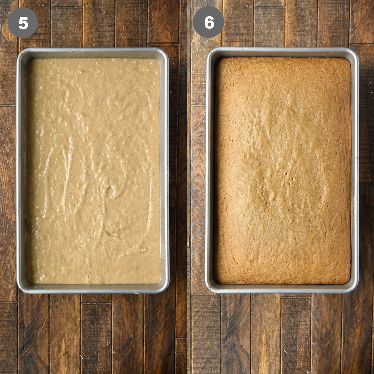 applesauce cake batter poured into a pan and baked.