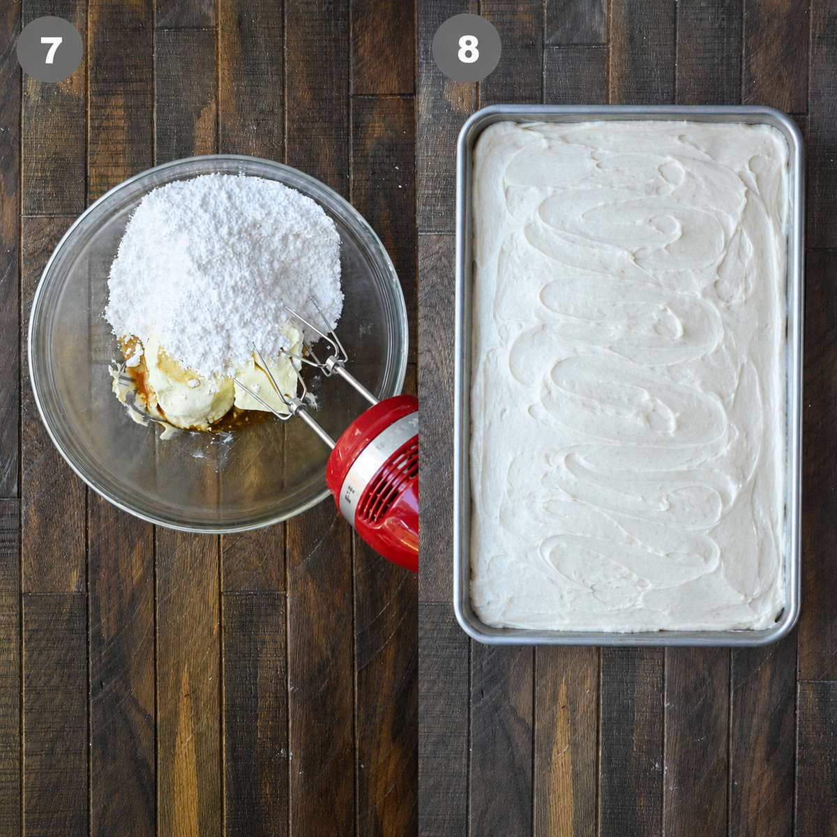 cream cheese frosting mixed in a bowl and spread on the cake.