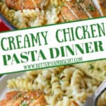 A wooden spoon scooping up a serving of creamy chicken pasta and a fork taking a bite. Pinterest pin.
