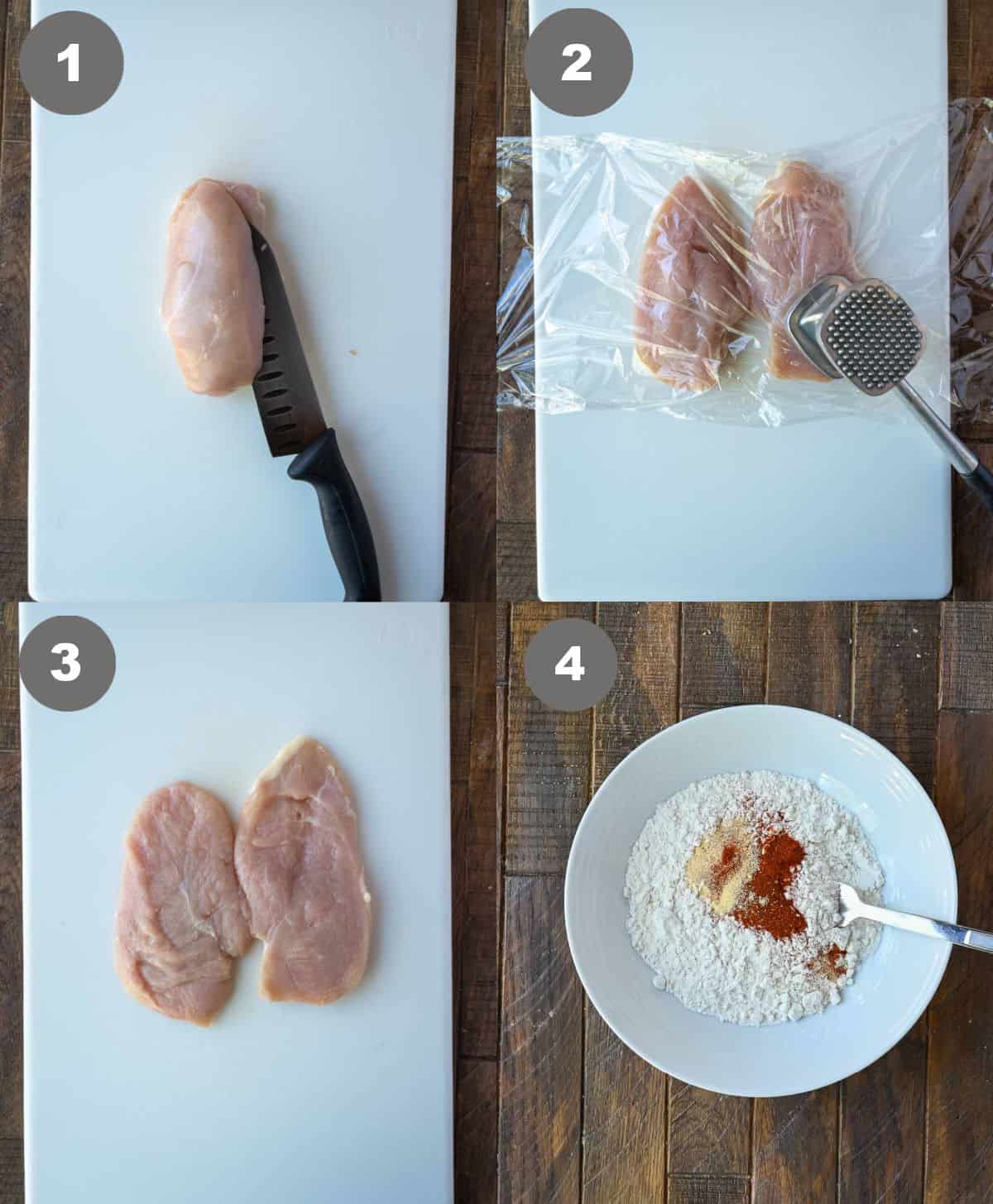 Chicken breast on a cutting board with a knife slicing in half and pounding it out with a mallet. Then a shallow bowl with flour and spices.