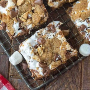 S'mores cookie bars on a cooling rack.