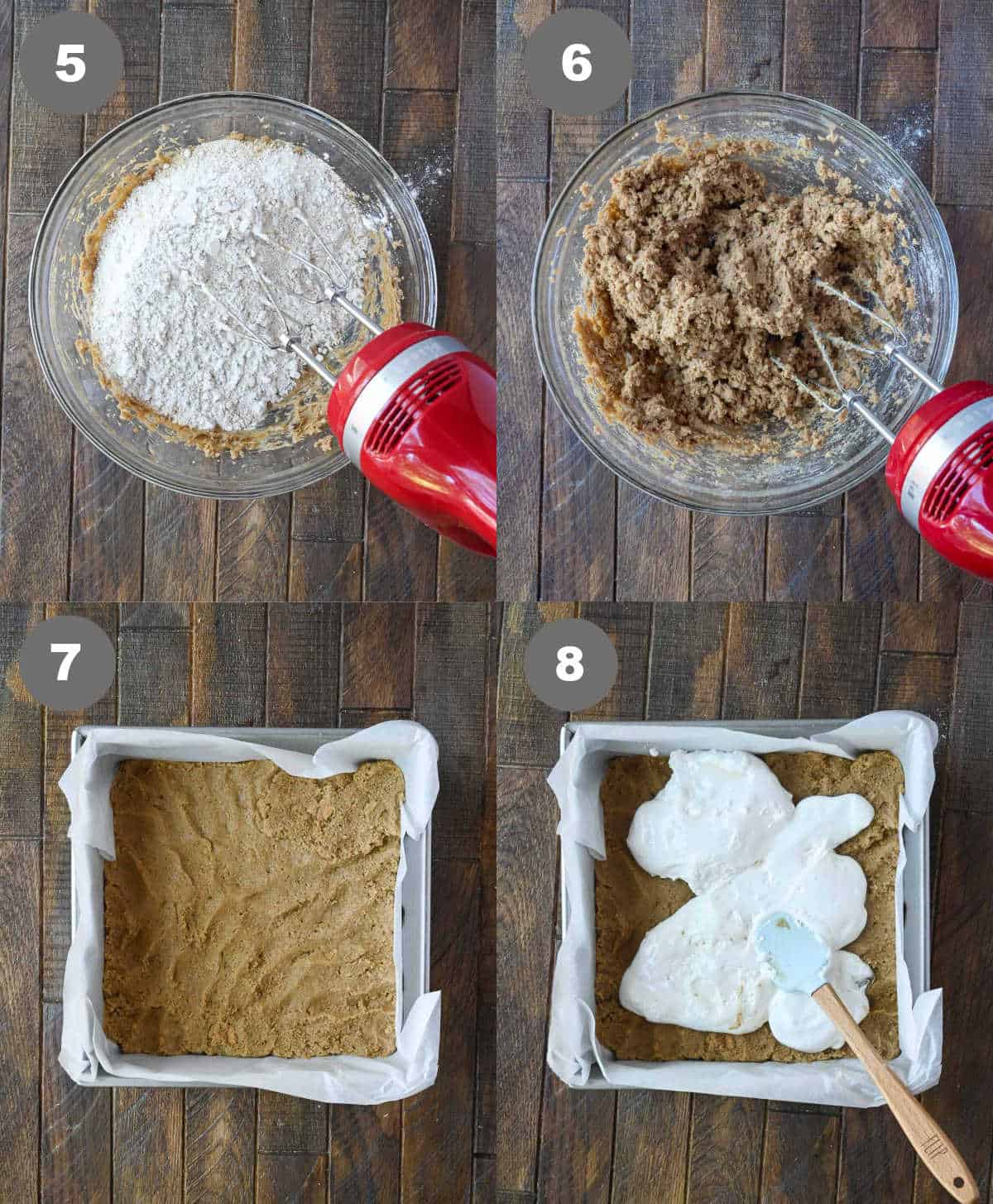 The dry ingredients mixed into the wet then some of the dough pressed into a baking pan followed by marshmallow creme on top.