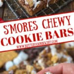 S'mores cookies placed on a cooling rack then one being picked up Pinterest pin.