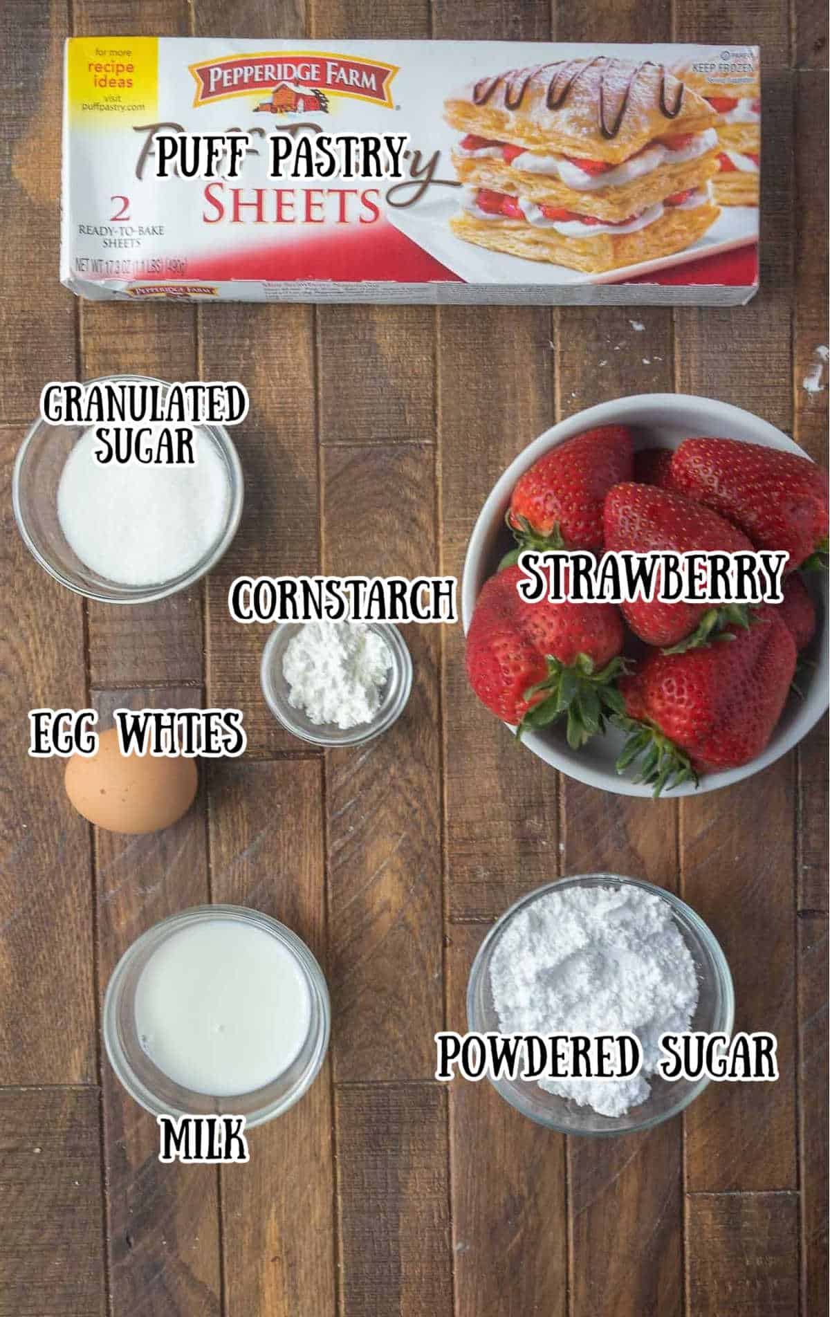 All the ingredients needed for strawberry turnovers.