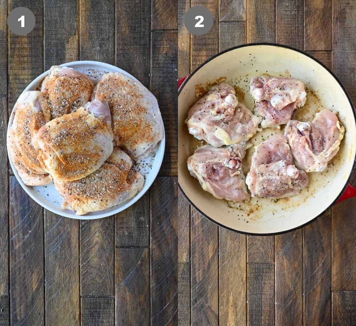 Raw chicken thighs with seasonings on a plate. Then placed in a hot skillet.