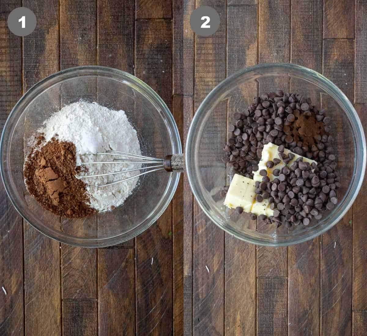 Dry ingredients in a bowl and chocolate and butter in another bowl.