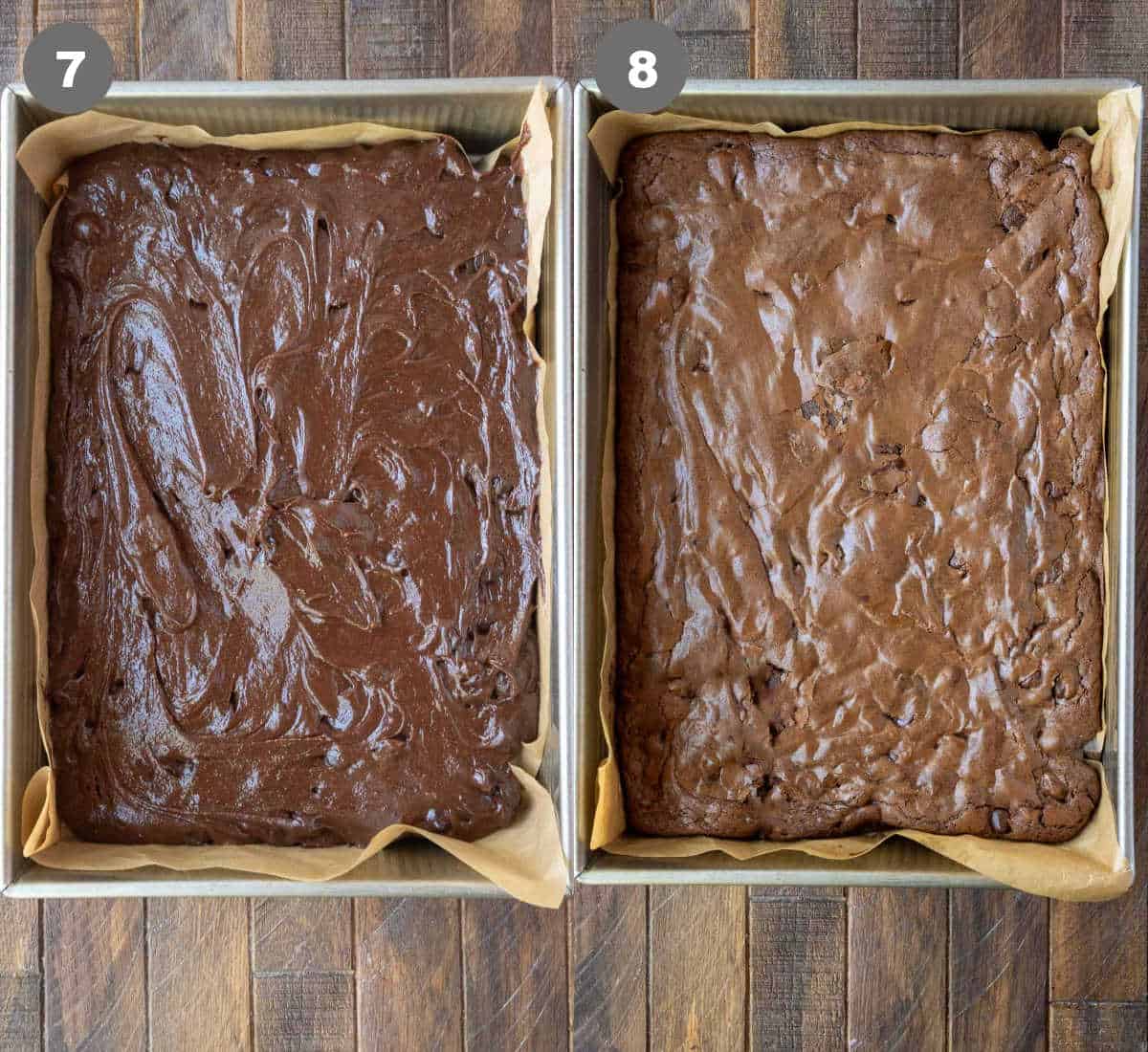Brownies spread in a baking dish and then baked.