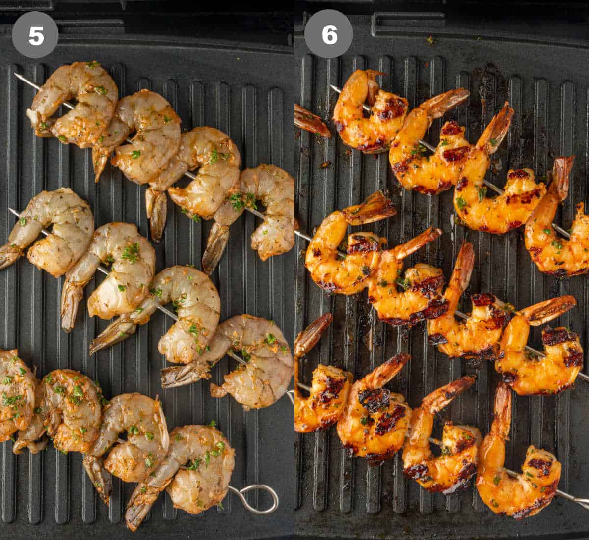Shrimp skewers placed on a grill and cooked.