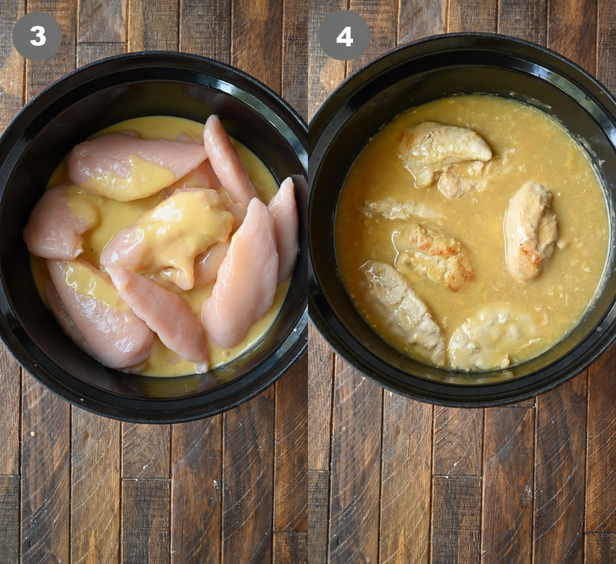 slow cooker chicken and gravy placed into a slow cooker.
