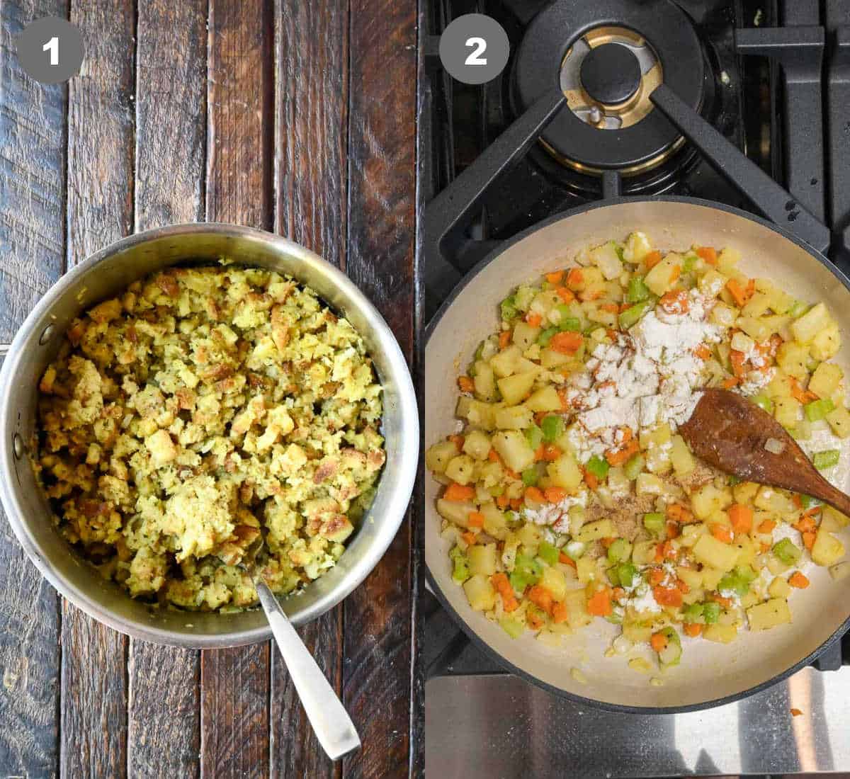 Stuffing that was made in a saucepan then the veggies added to a skillet to cook.