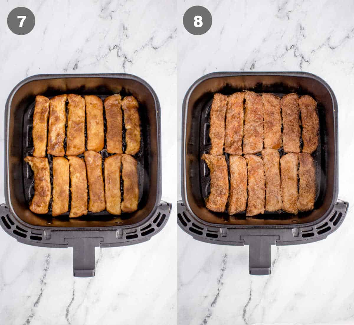 French toast sticks placed into a air fryer basket and fried.