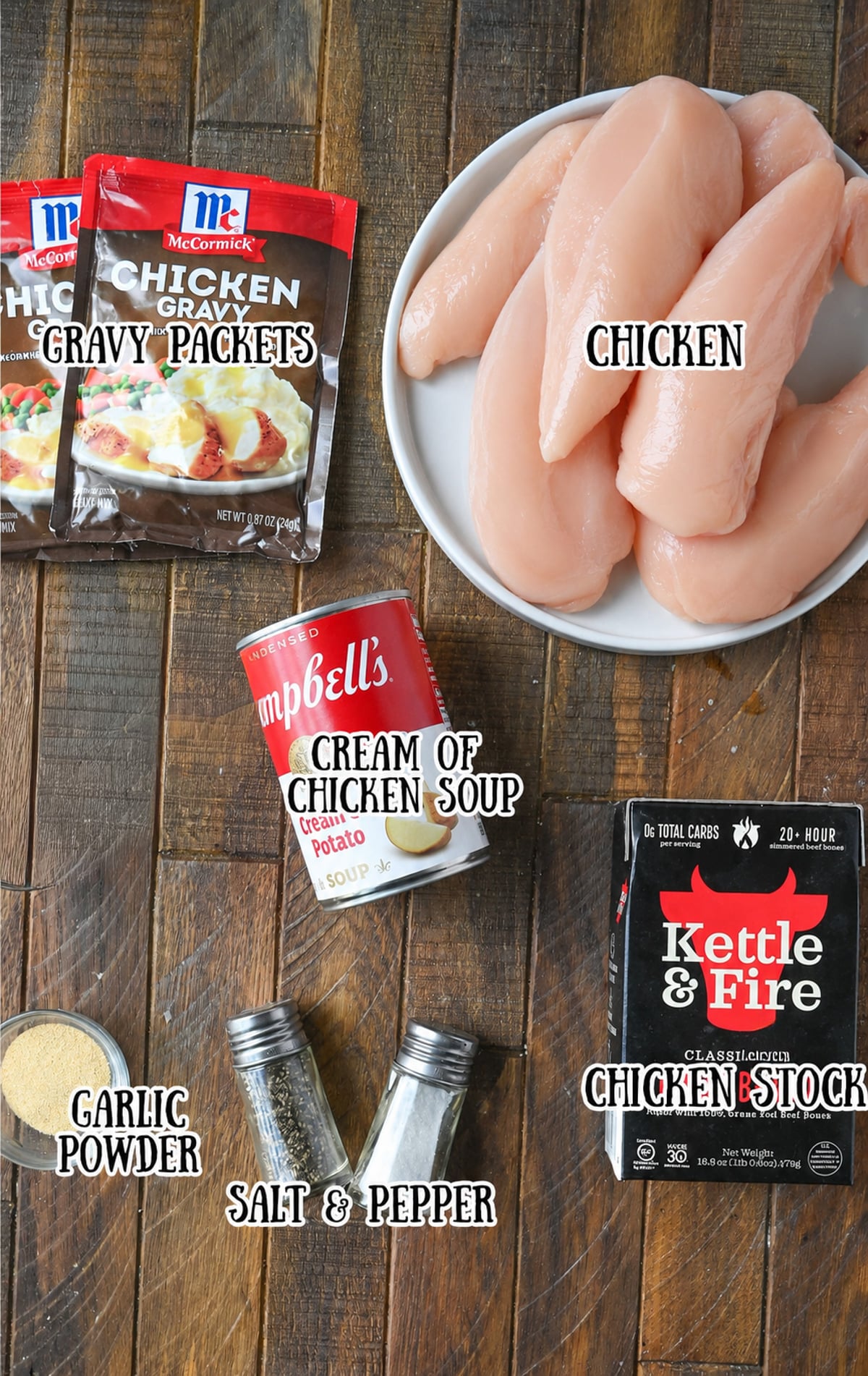 All of the ingredients needed for this slow cooker chicken and gravy.