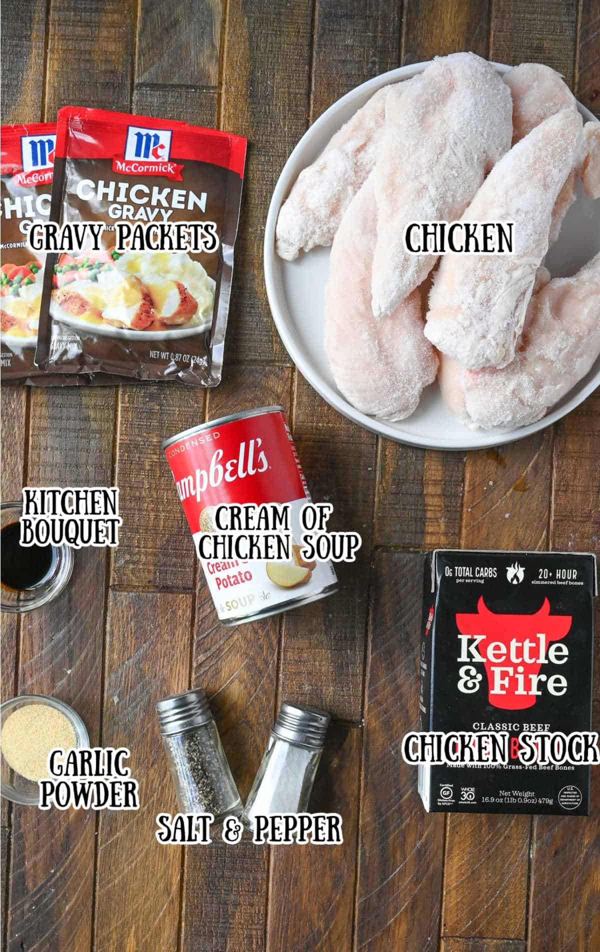 all the ingredients needed for slow cooker chicken and gravy.