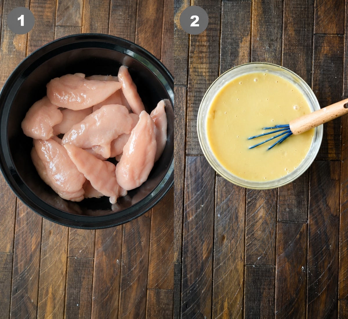Raw chicken placed in the slow cooker along with sauce mixed in a separate bowl.