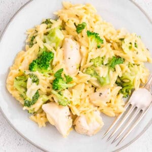 Cheesy chicken broccoli orzo on a white plate.