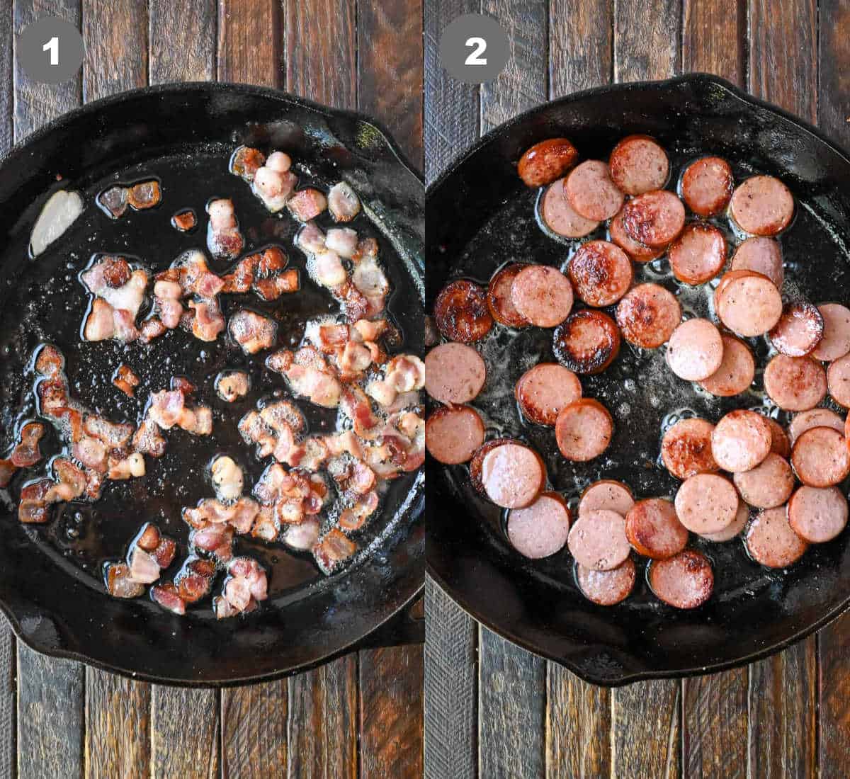 Chopped bacon cooked in a cast iron skillet then removed and sliced sausages added in.