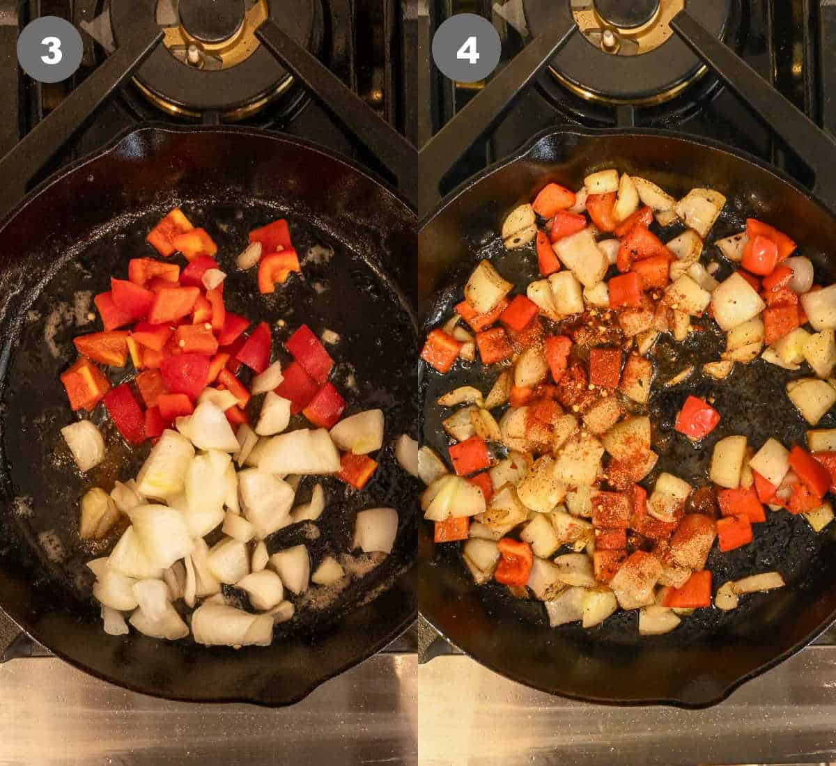 Red bell pepper and onion sauteed in a cast iron skillet.