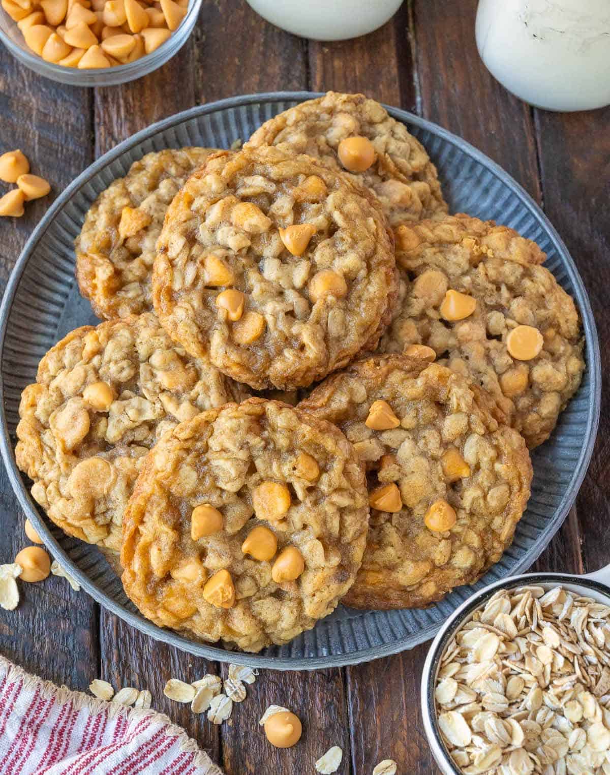 Oatmeal cookies on a metal plate.