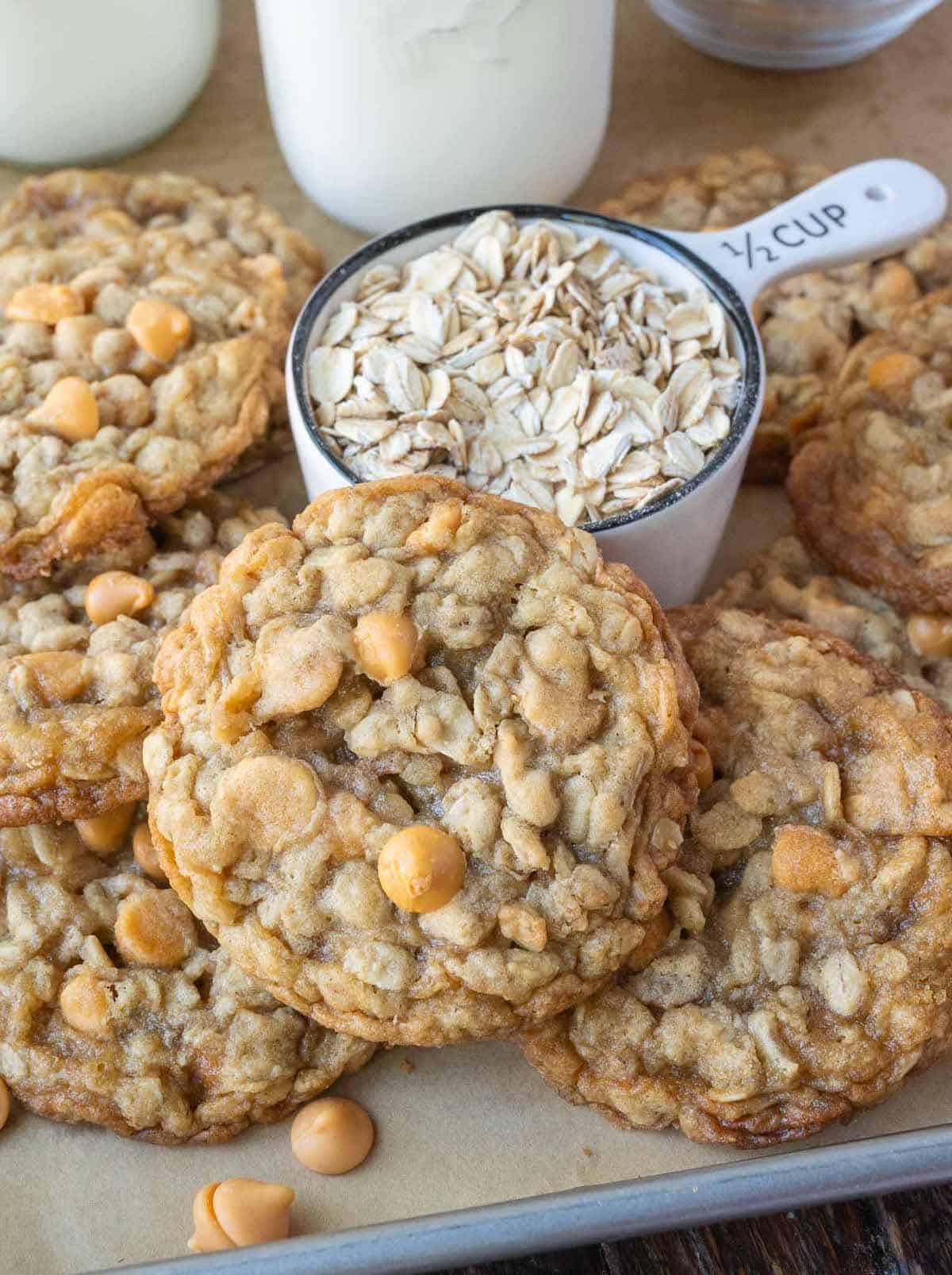 Oatmeal butterscotch cookies with a cup of oatmeal next to them.