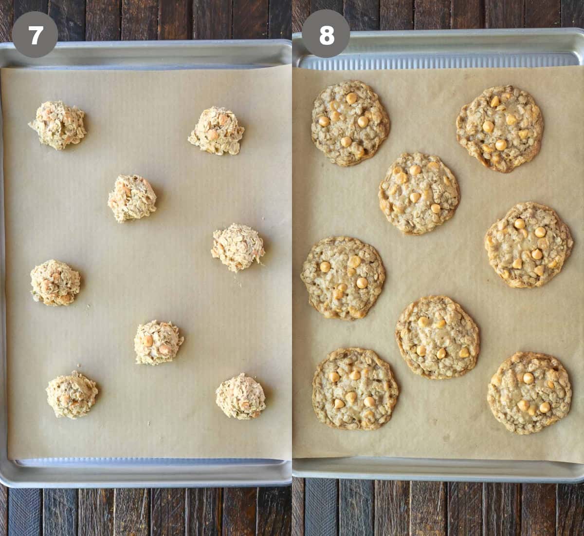 Cookie dough balls placed on a parchment paper lined baking sheet to bake.