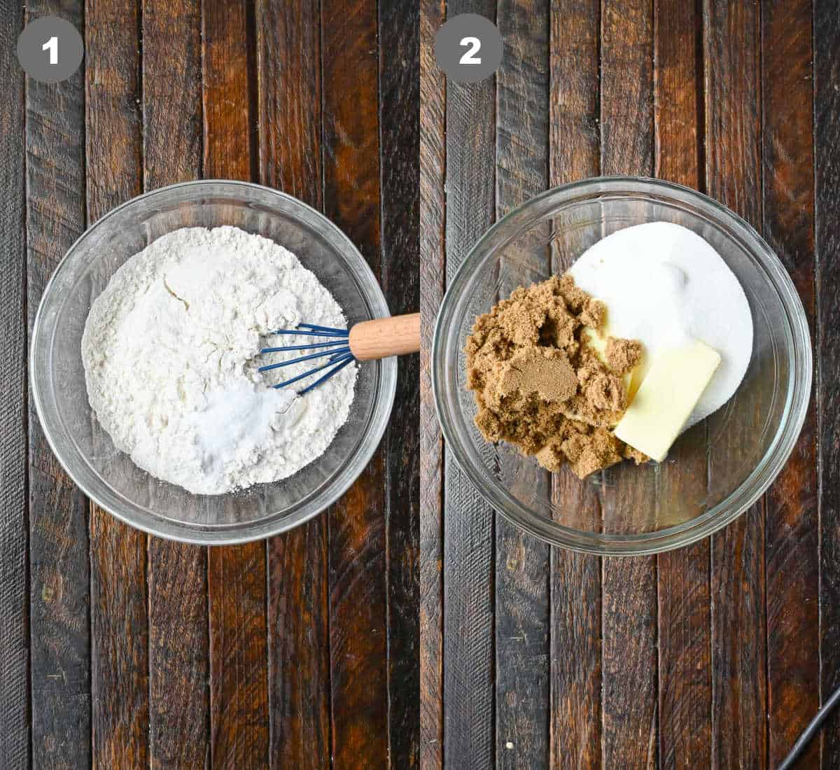 All the dry ingredients mixed together in a bowl. Then in another bowl add the butter and sugars and mix.