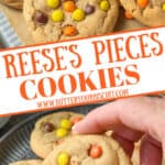 Reese's pieces peanut butter cookies on a baking sheet and one being picked up Pinterest pin.